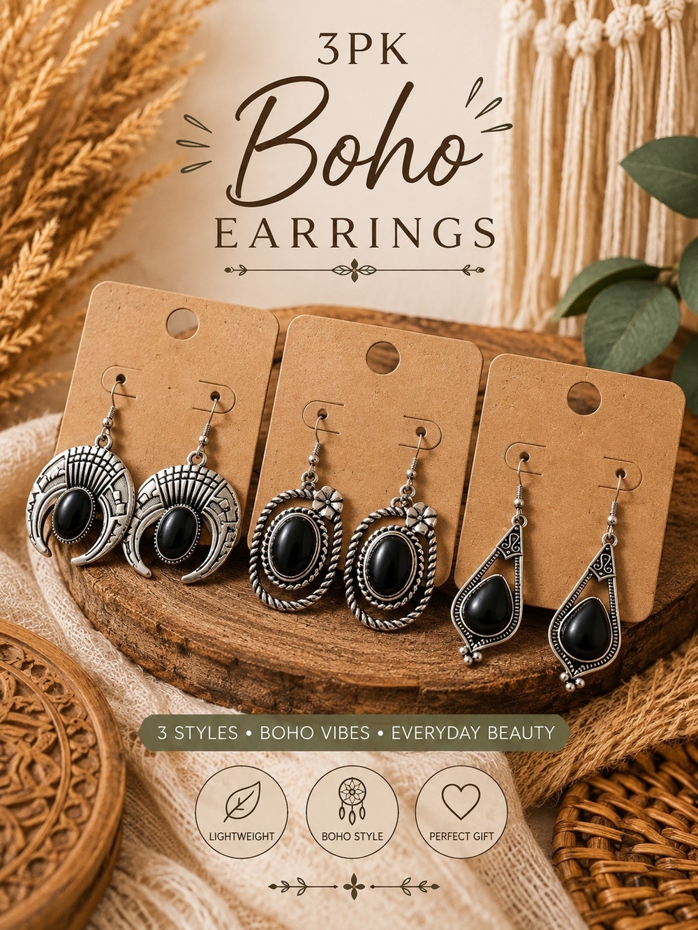 202. Boho 3-Pack Black Stone Dangle Earrings - Women Jewelry